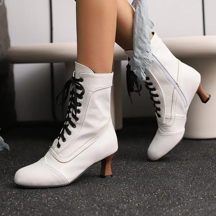 Women's Lace-Up Round Toe High Heel Ankle Boots