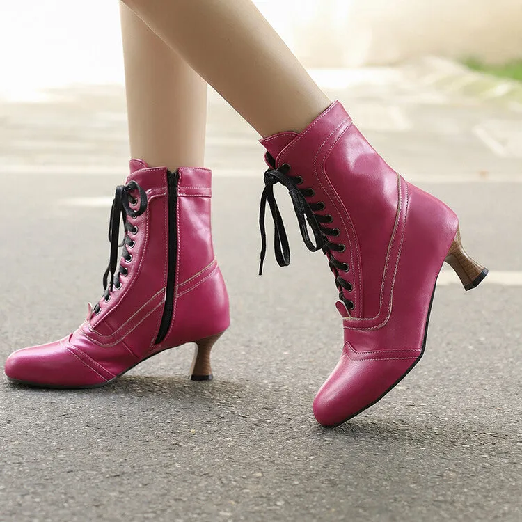 Women's Lace-Up Round Toe High Heel Ankle Boots
