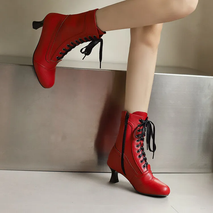 Women's Lace-Up Round Toe High Heel Ankle Boots