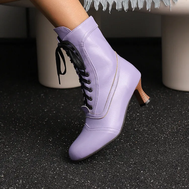 Women's Lace-Up Round Toe High Heel Ankle Boots