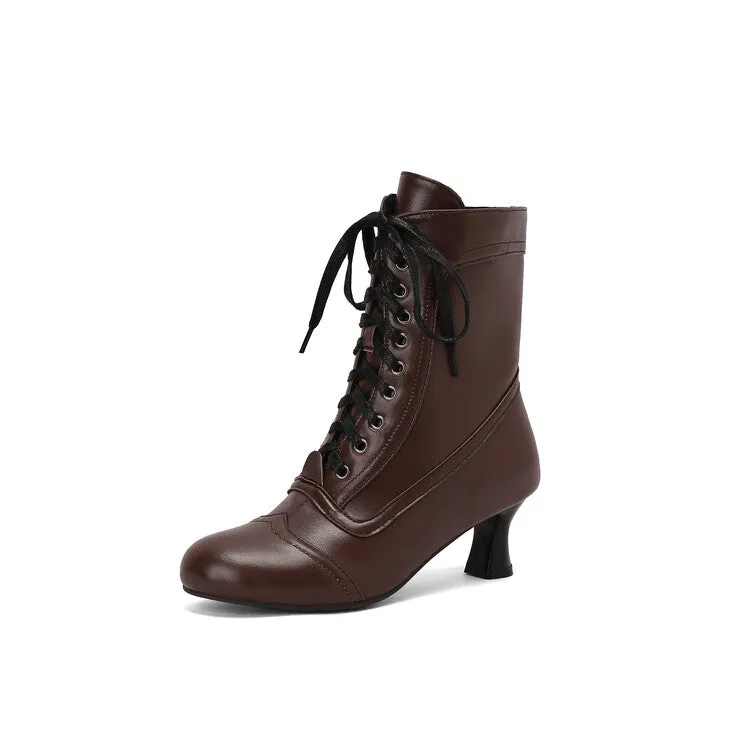 Women's Lace-Up Round Toe High Heel Ankle Boots