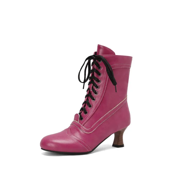 Women's Lace-Up Round Toe High Heel Ankle Boots
