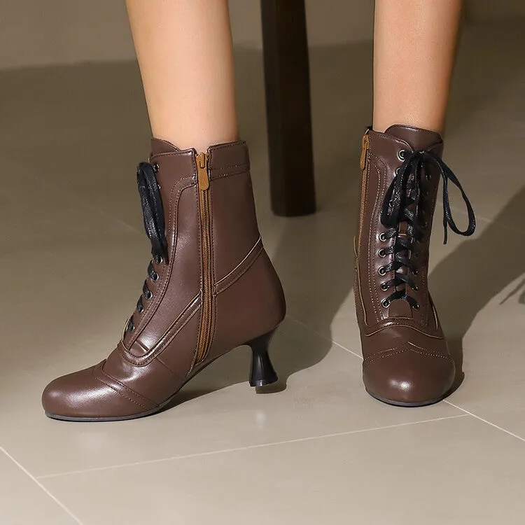 Women's Lace-Up Round Toe High Heel Ankle Boots