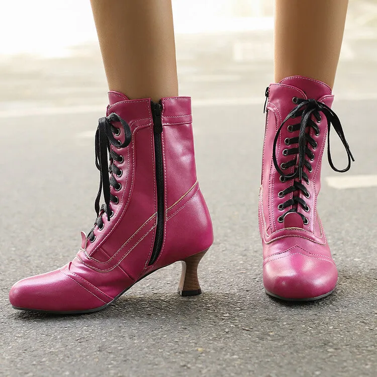 Women's Lace-Up Round Toe High Heel Ankle Boots