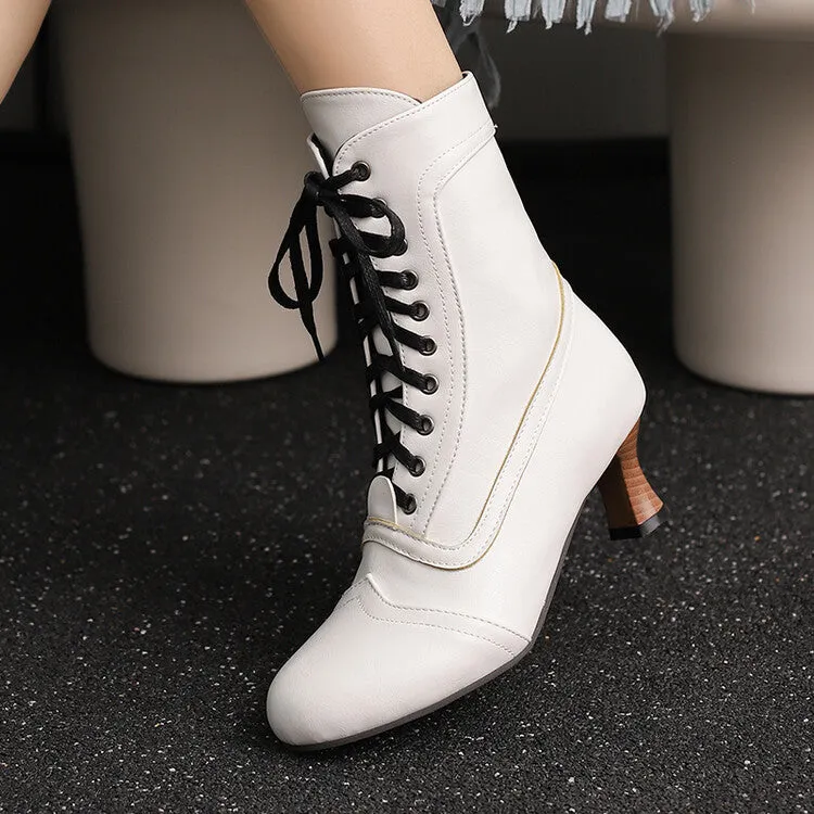 Women's Lace-Up Round Toe High Heel Ankle Boots