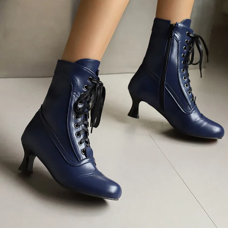 Women's Lace-Up Round Toe High Heel Ankle Boots