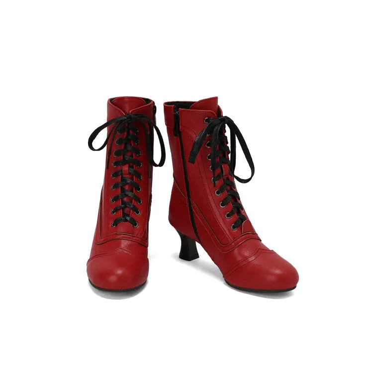 Women's Lace-Up Round Toe High Heel Ankle Boots