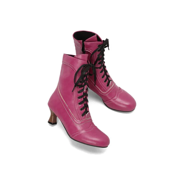 Women's Lace-Up Round Toe High Heel Ankle Boots