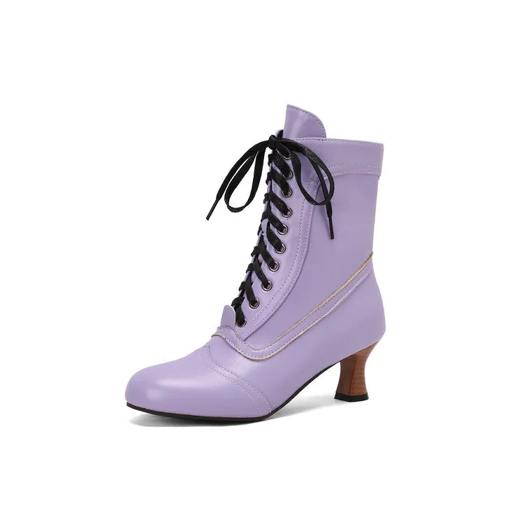 Women's Lace-Up Round Toe High Heel Ankle Boots