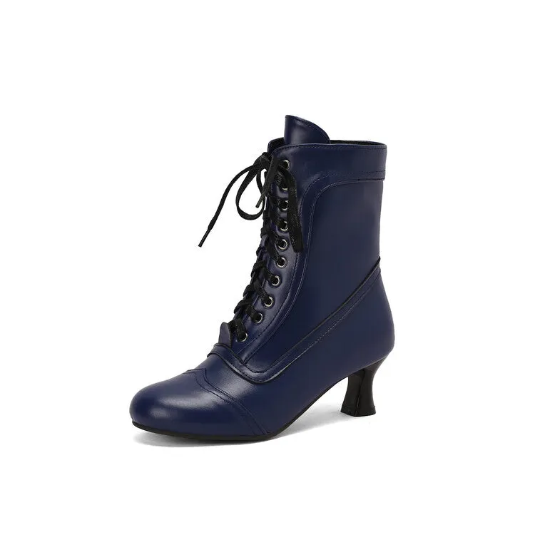 Women's Lace-Up Round Toe High Heel Ankle Boots