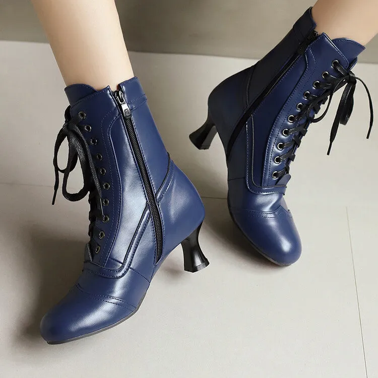 Women's Lace-Up Round Toe High Heel Ankle Boots