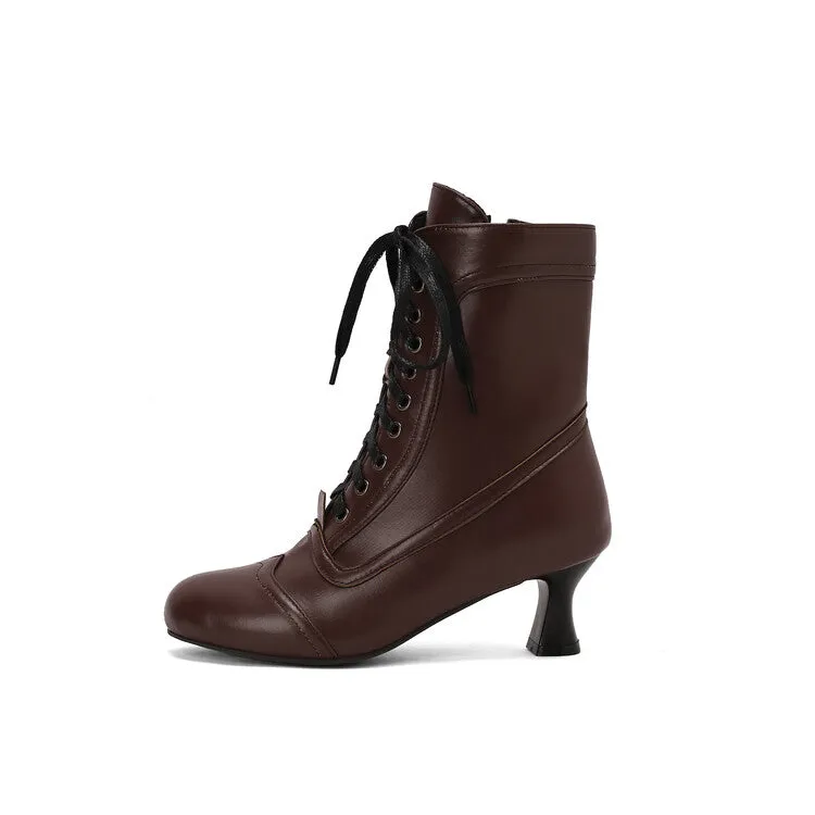 Women's Lace-Up Round Toe High Heel Ankle Boots