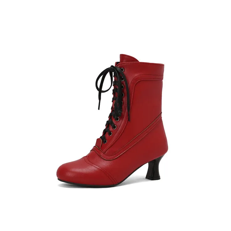 Women's Lace-Up Round Toe High Heel Ankle Boots