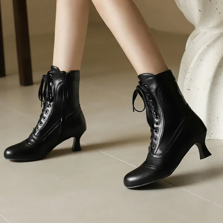 Women's Lace-Up Round Toe High Heel Ankle Boots