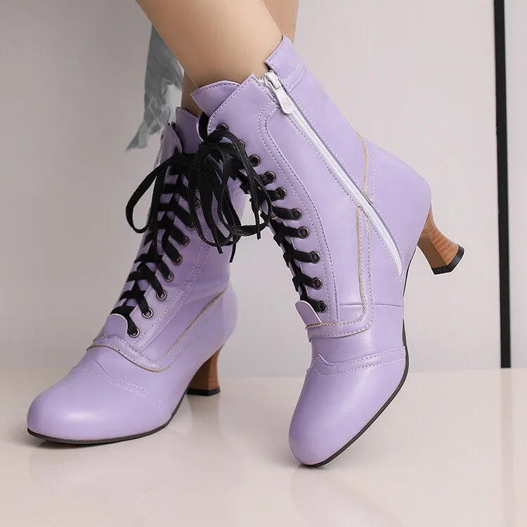 Women's Lace-Up Round Toe High Heel Ankle Boots