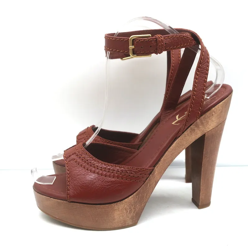 Yves Saint Laurent Wood Platform Sandals Brown Leather Size 38 Ankle Strap Heels