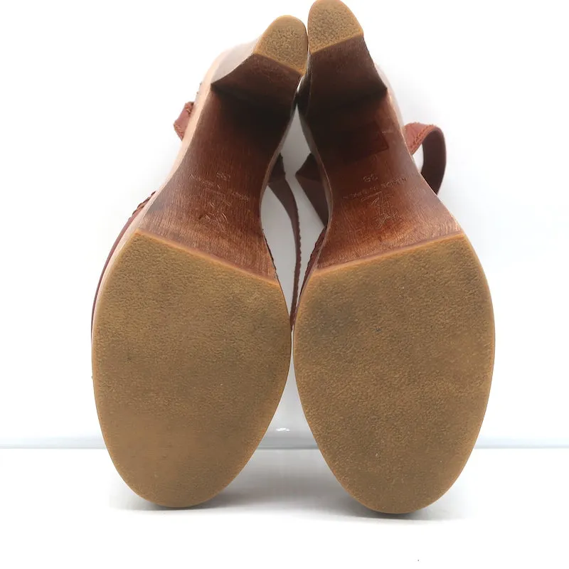 Yves Saint Laurent Wood Platform Sandals Brown Leather Size 38 Ankle Strap Heels